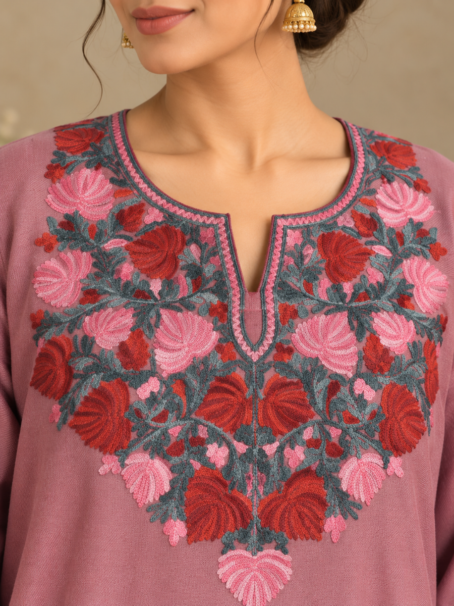 Rose Pink  Kashmiri Pheran with Floral Embroidery | Aari Embroidered Wool Phiran