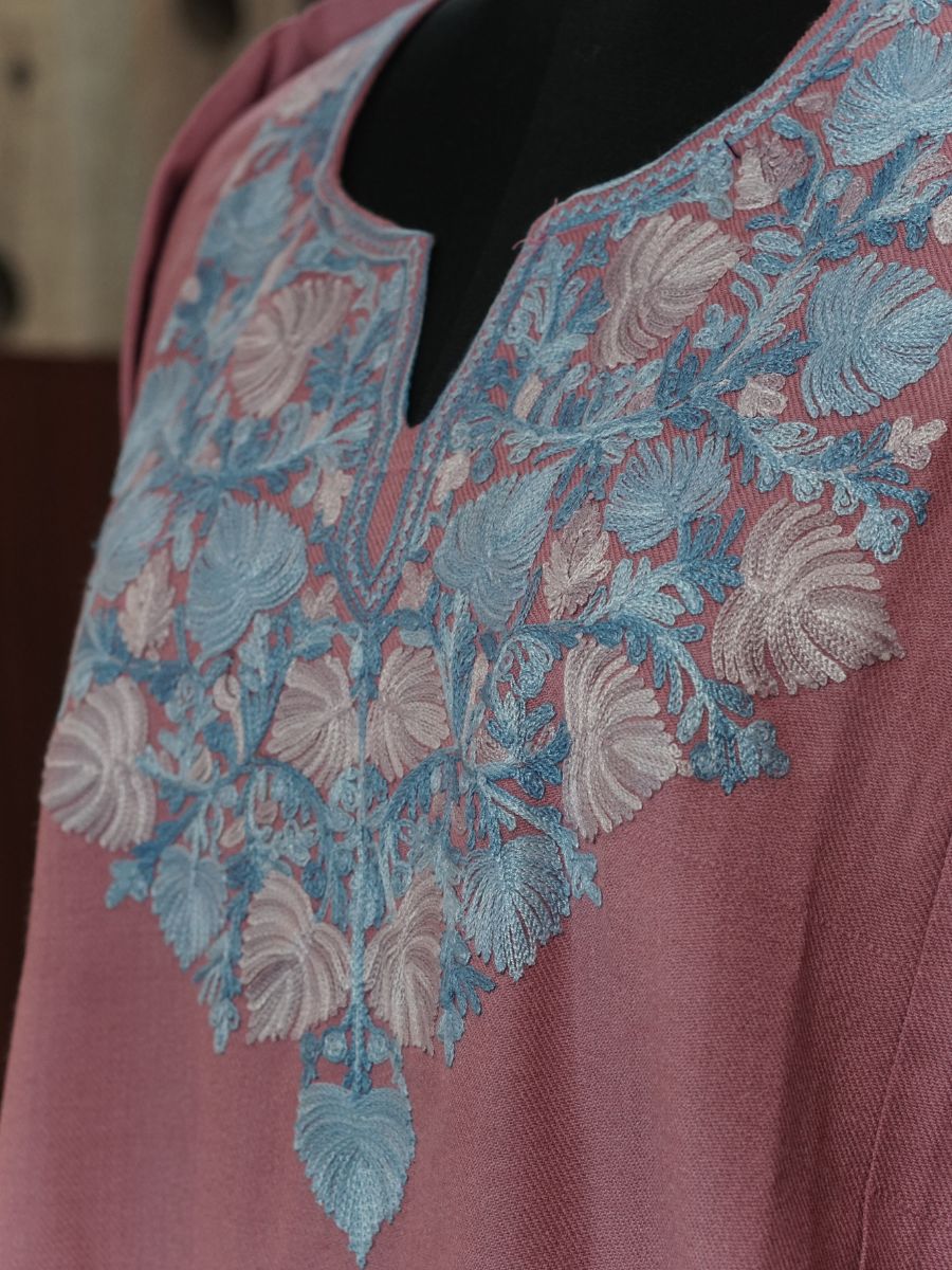 Rose Pink  Kashmiri Pheran with Floral Embroidery | Aari Embroidered Wool Phiran