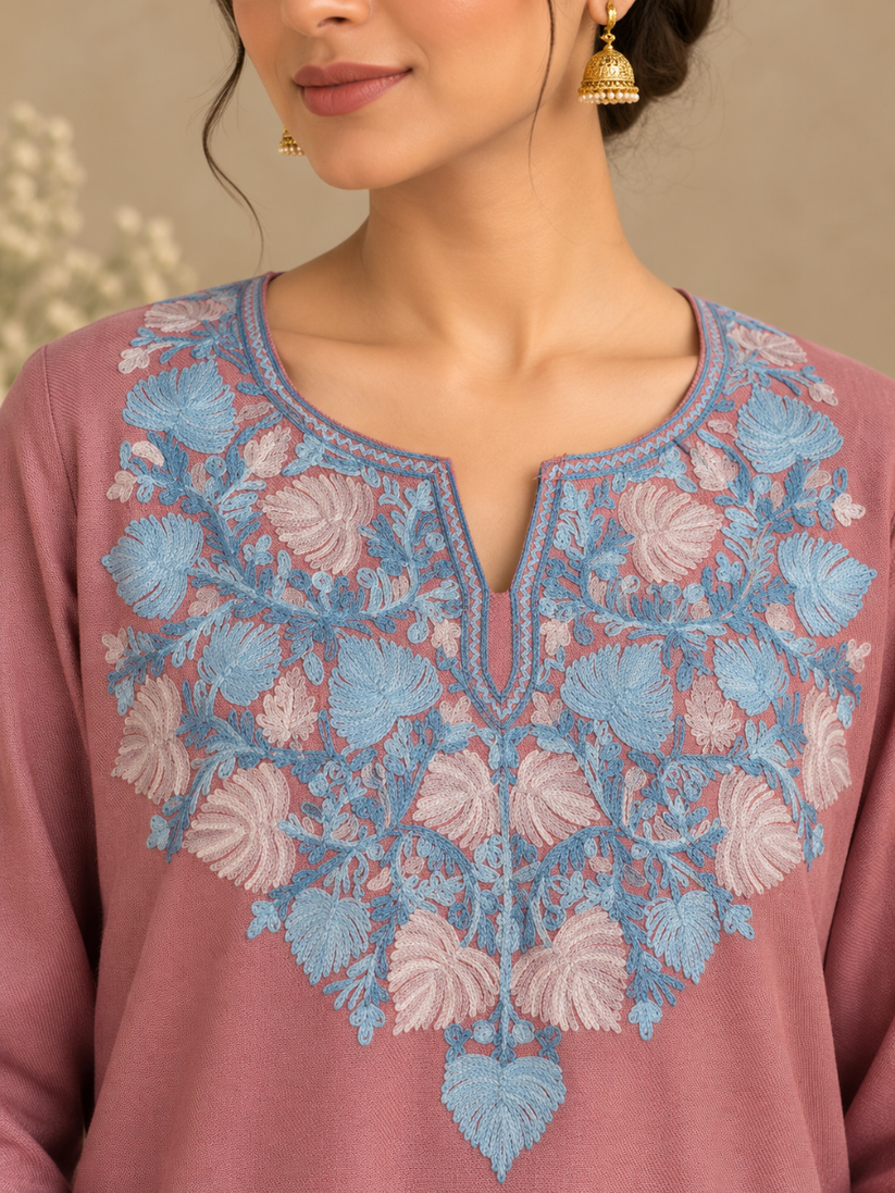 Rose Pink  Kashmiri Pheran with Floral Embroidery | Aari Embroidered Wool Phiran