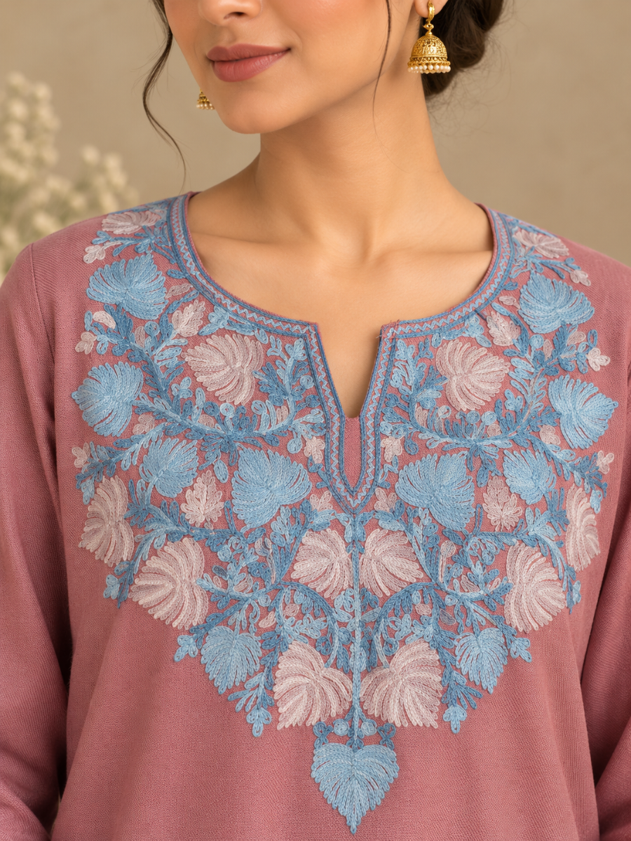 Rose Pink  Kashmiri Pheran with Floral Embroidery | Aari Embroidered Wool Phiran