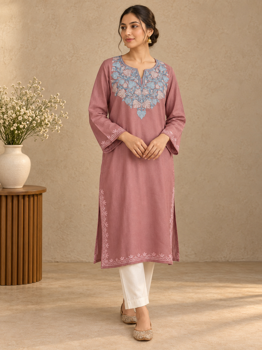 Rose Pink  Kashmiri Pheran with Floral Embroidery | Aari Embroidered Wool Phiran