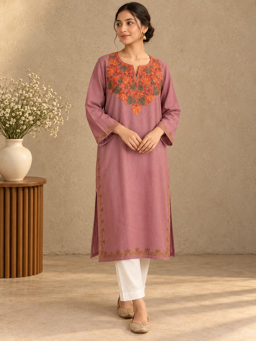 Rose Pink  Kashmiri Pheran with Floral Embroidery | Aari Embroidered Wool Phiran