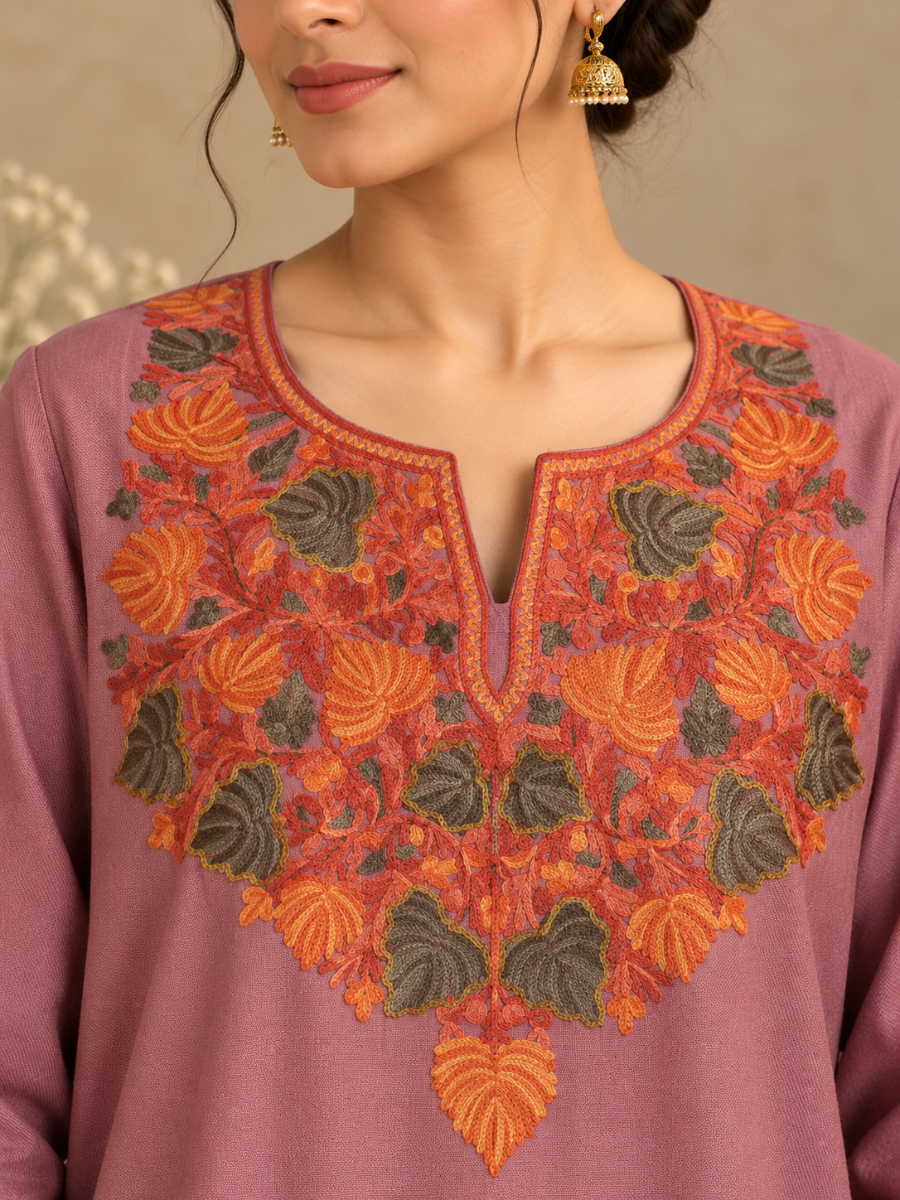 Rose Pink  Kashmiri Pheran with Floral Embroidery | Aari Embroidered Wool Phiran
