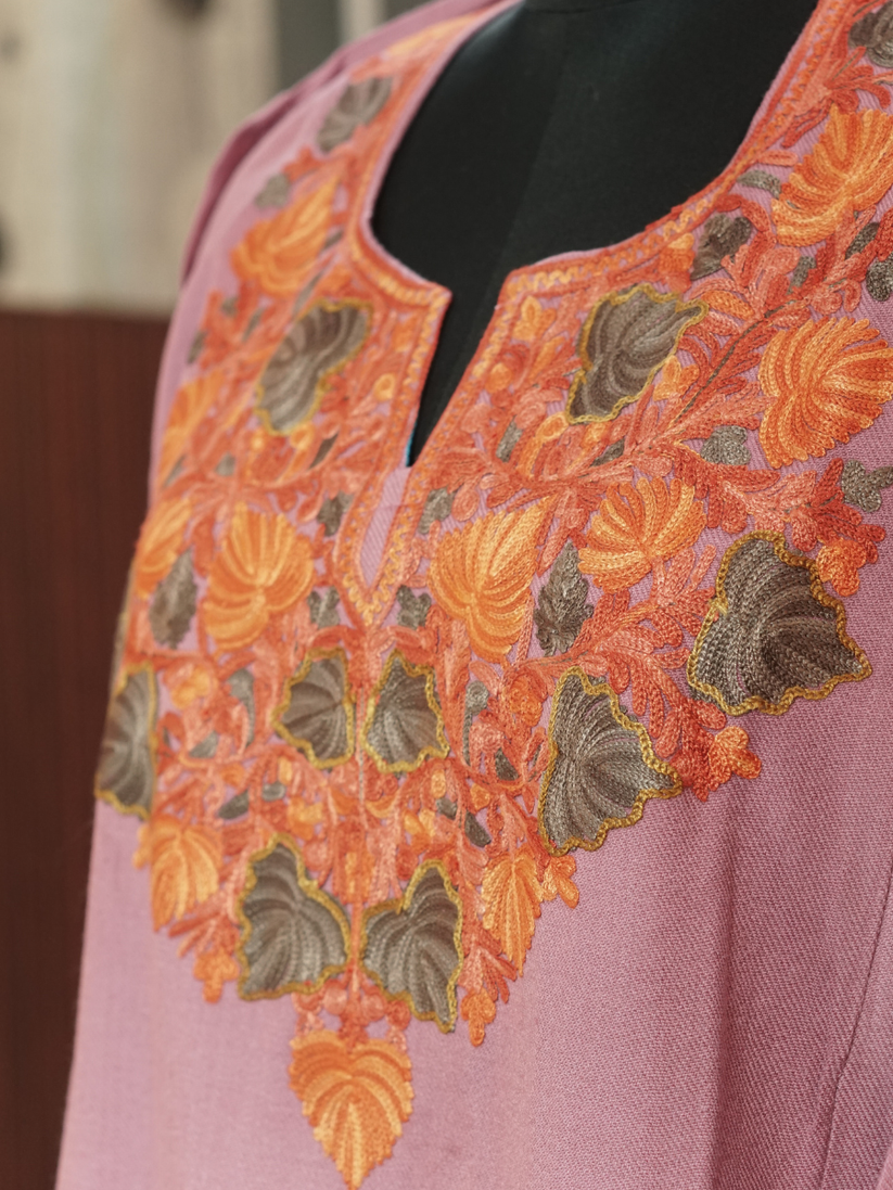 Rose Pink  Kashmiri Pheran with Floral Embroidery | Aari Embroidered Wool Phiran