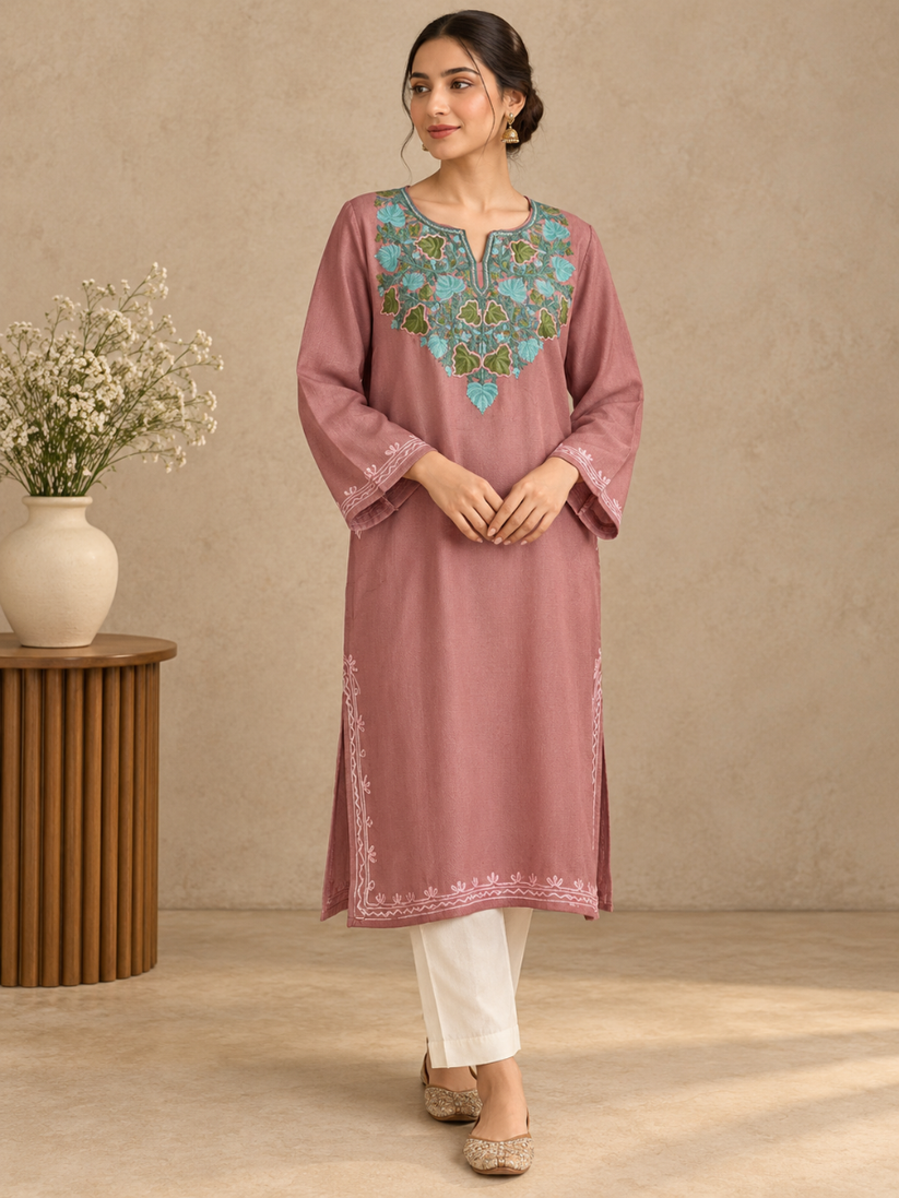Rose Pink  Kashmiri Pheran with Floral Embroidery | Aari Embroidered Wool Phiran