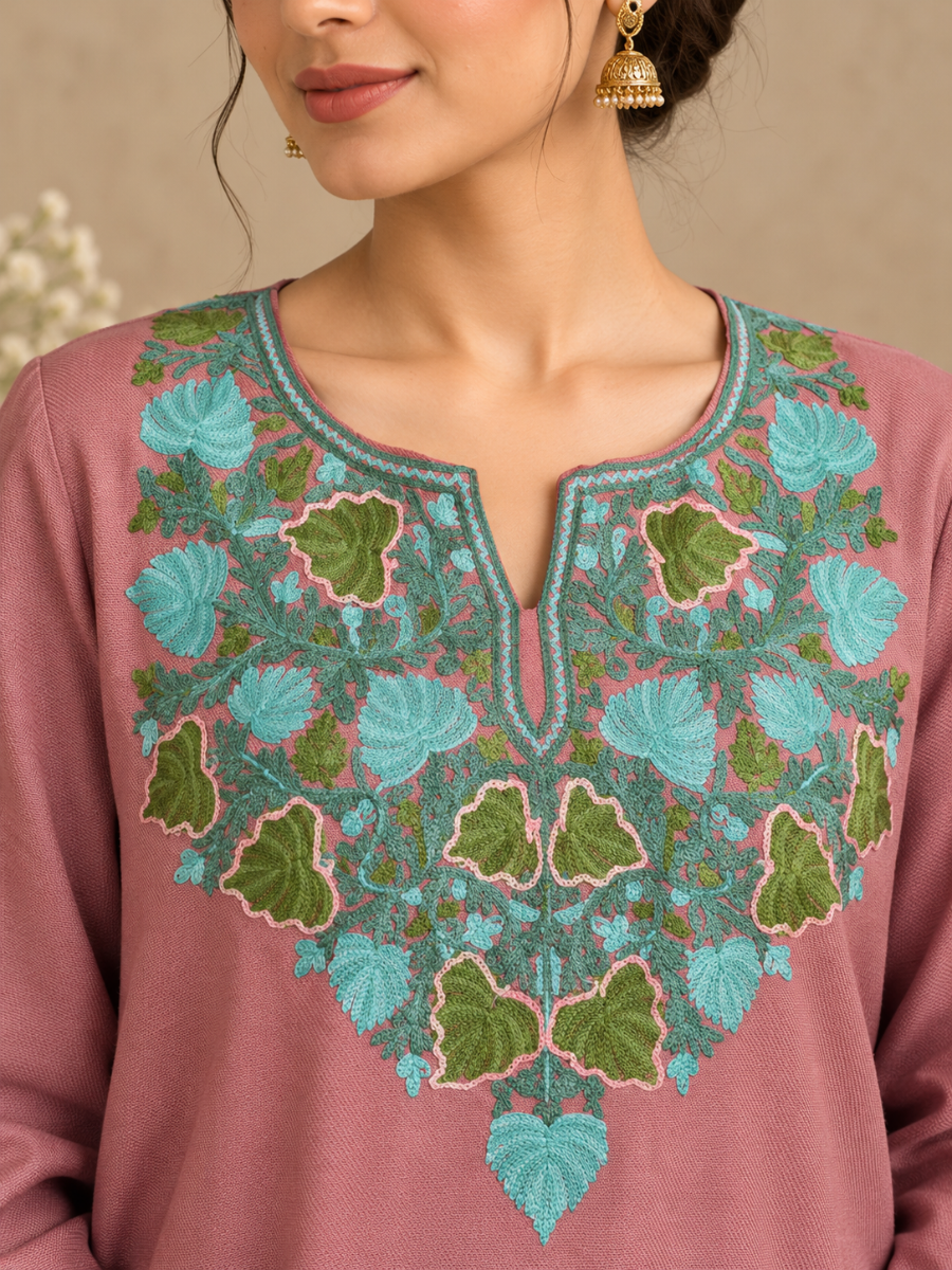 Rose Pink  Kashmiri Pheran with Floral Embroidery | Aari Embroidered Wool Phiran