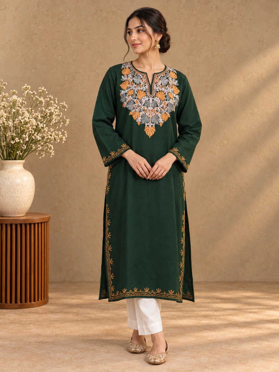 Grey  Green Kashmiri Pheran with Pink Floral Embroidery | Aari Embroidered Wool Phiran