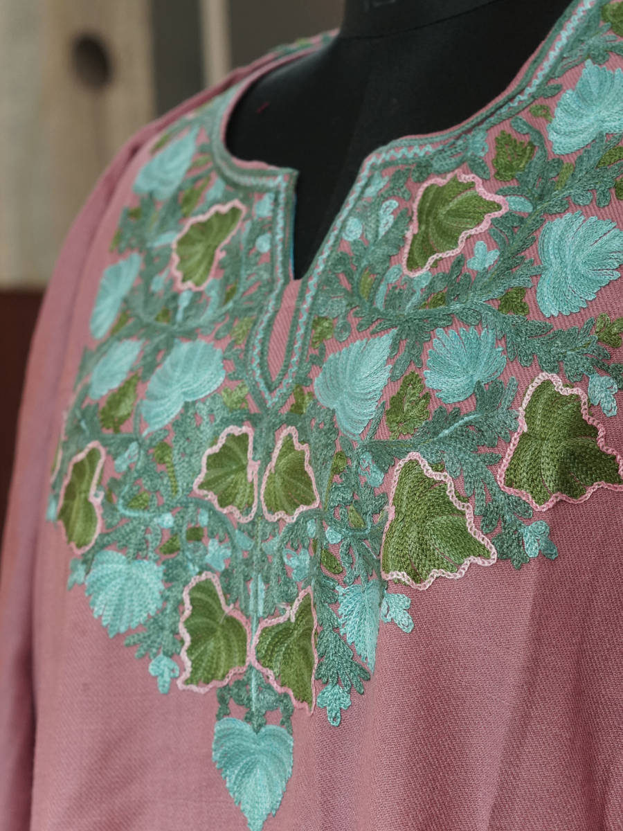 Rose Pink  Kashmiri Pheran with Floral Embroidery | Aari Embroidered Wool Phiran