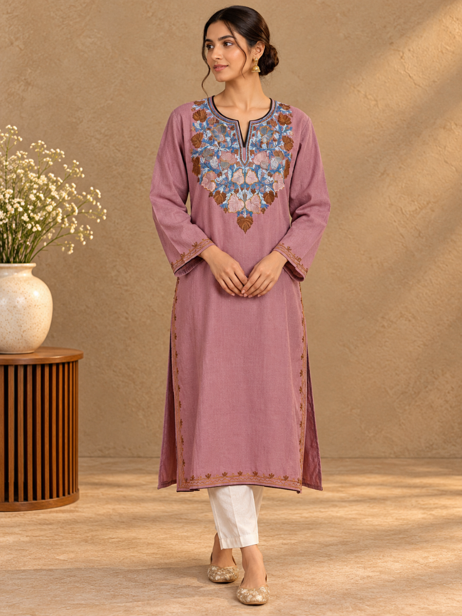 Rose Pink  Kashmiri Pheran with Floral Embroidery | Aari Embroidered Wool Phiran