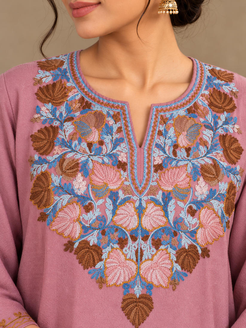 Rose Pink  Kashmiri Pheran with Floral Embroidery | Aari Embroidered Wool Phiran