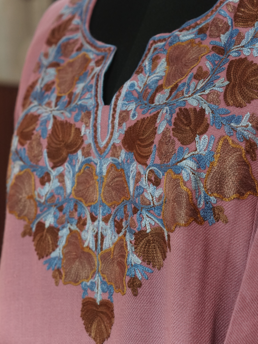 Rose Pink  Kashmiri Pheran with Floral Embroidery | Aari Embroidered Wool Phiran