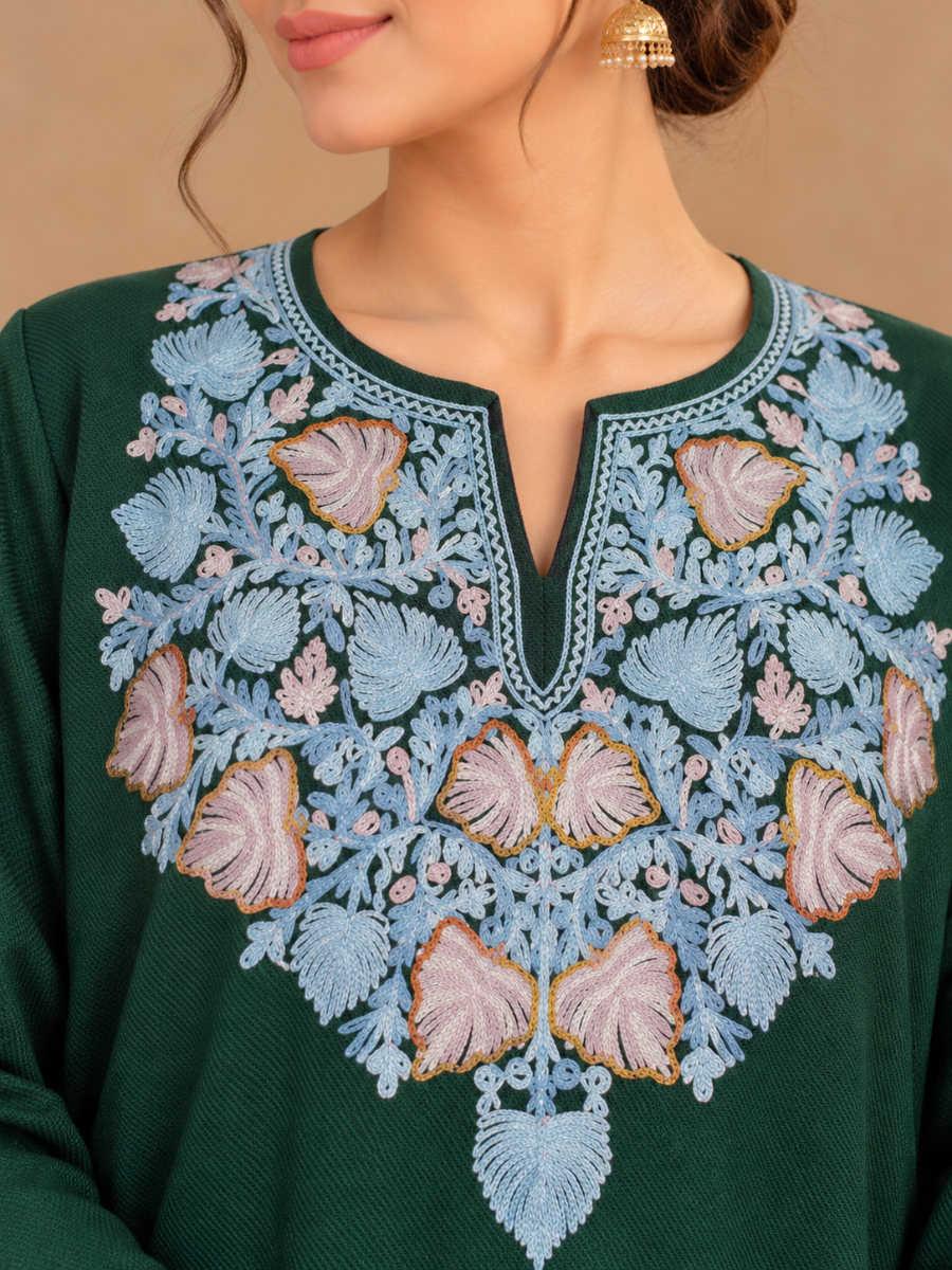 Grey  Green Kashmiri Pheran with Pink Floral Embroidery | Aari Embroidered Wool Phiran
