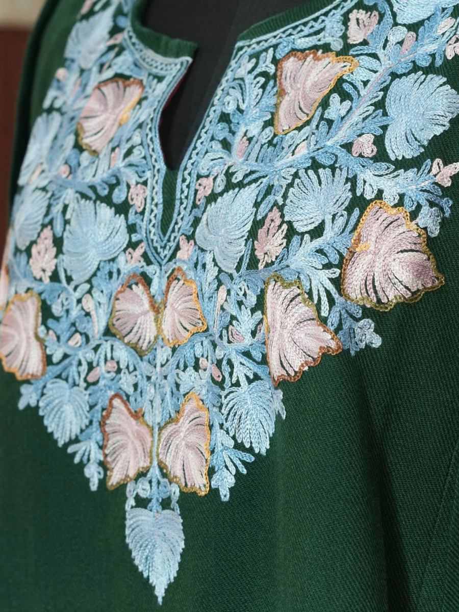 Grey  Green Kashmiri Pheran with Pink Floral Embroidery | Aari Embroidered Wool Phiran