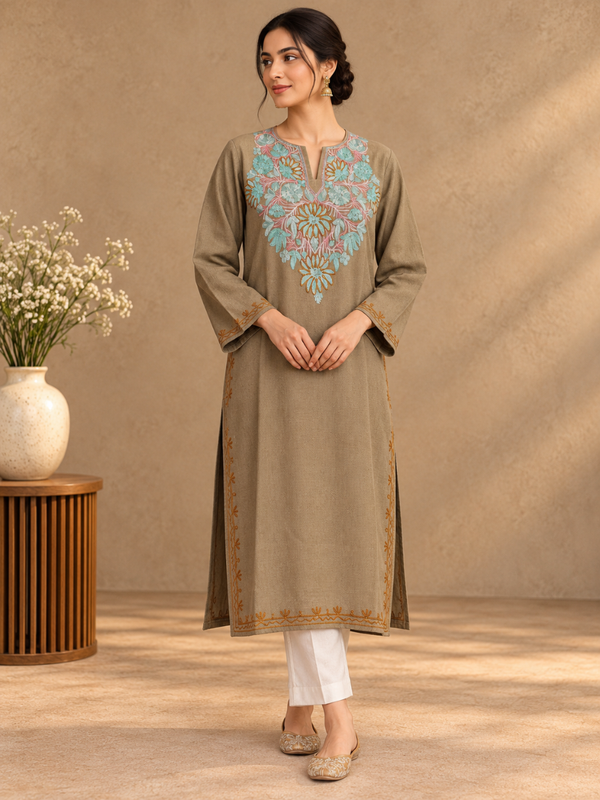 Taupe Grey Kashmiri Pheran with Aqua Floral Embroidery | Aari Embroidered Wool Phiran