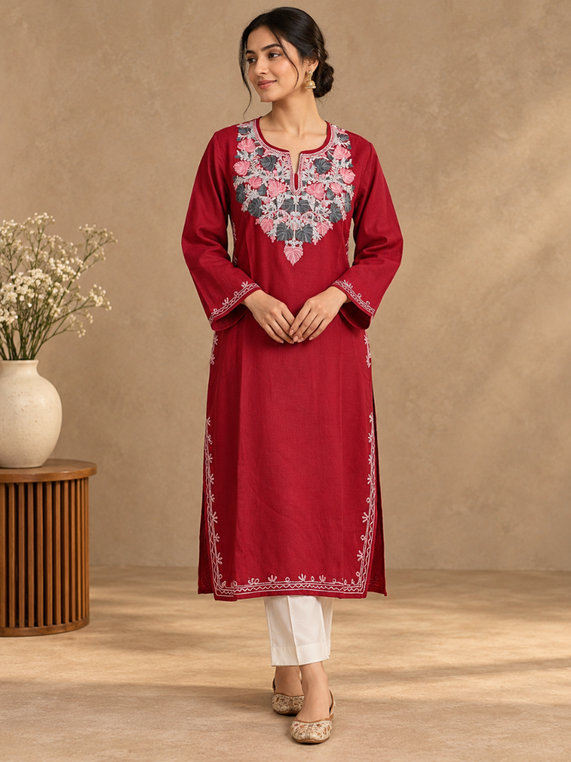 pink Kashmiri Pheran with Floral Embroidery | Aari Embroidered Wool Phiran