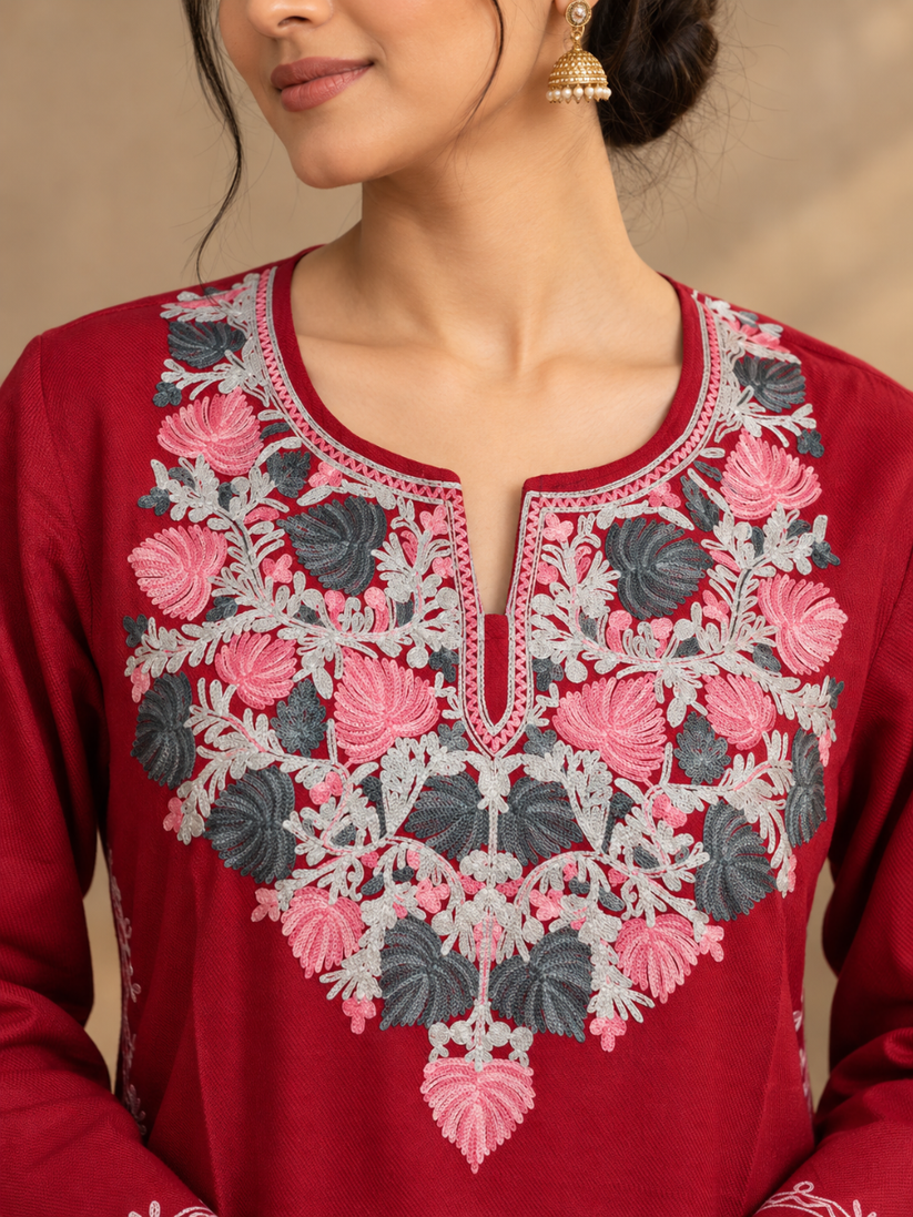 pink Kashmiri Pheran with Floral Embroidery | Aari Embroidered Wool Phiran