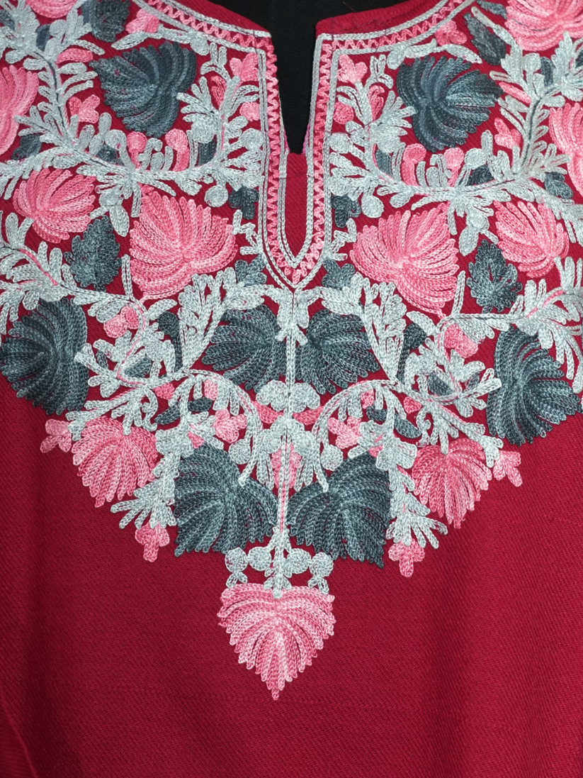 pink Kashmiri Pheran with Floral Embroidery | Aari Embroidered Wool Phiran