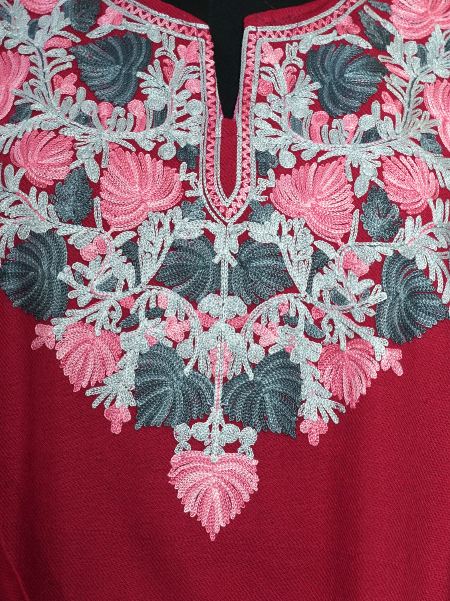 pink Kashmiri Pheran with Floral Embroidery | Aari Embroidered Wool Phiran
