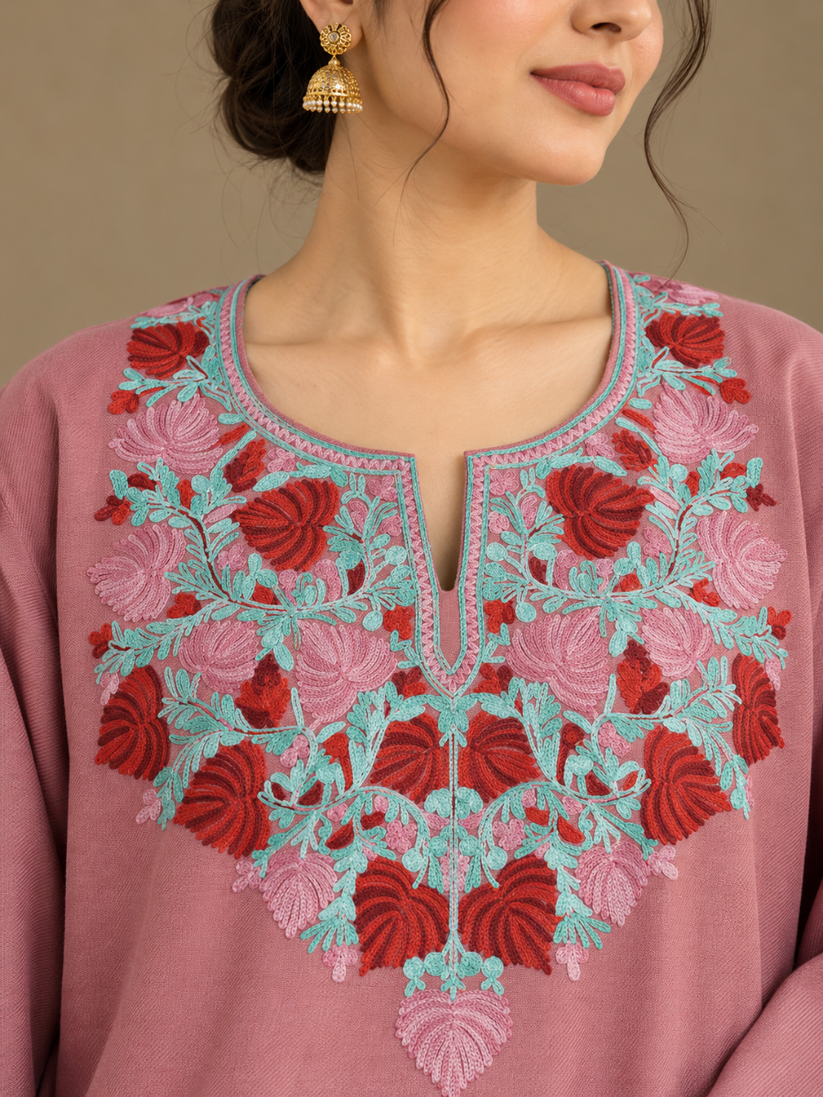 Rose Pink Kashmiri Pheran with Red & Grey Floral Embroidery – KAARKASH
