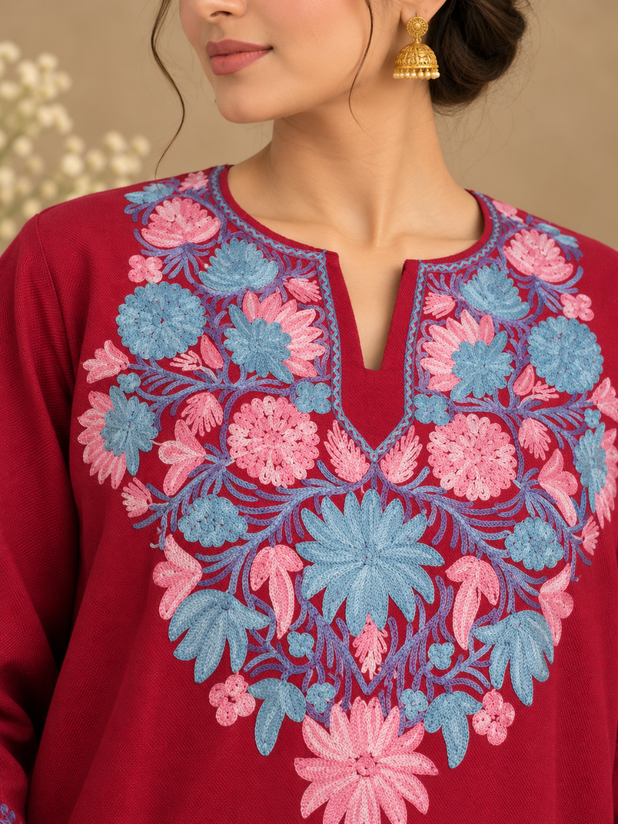 Crimson Red Kashmiri Pheran with Blue & Pink Floral Embroidery | Aari Embroidered Wool Phiran