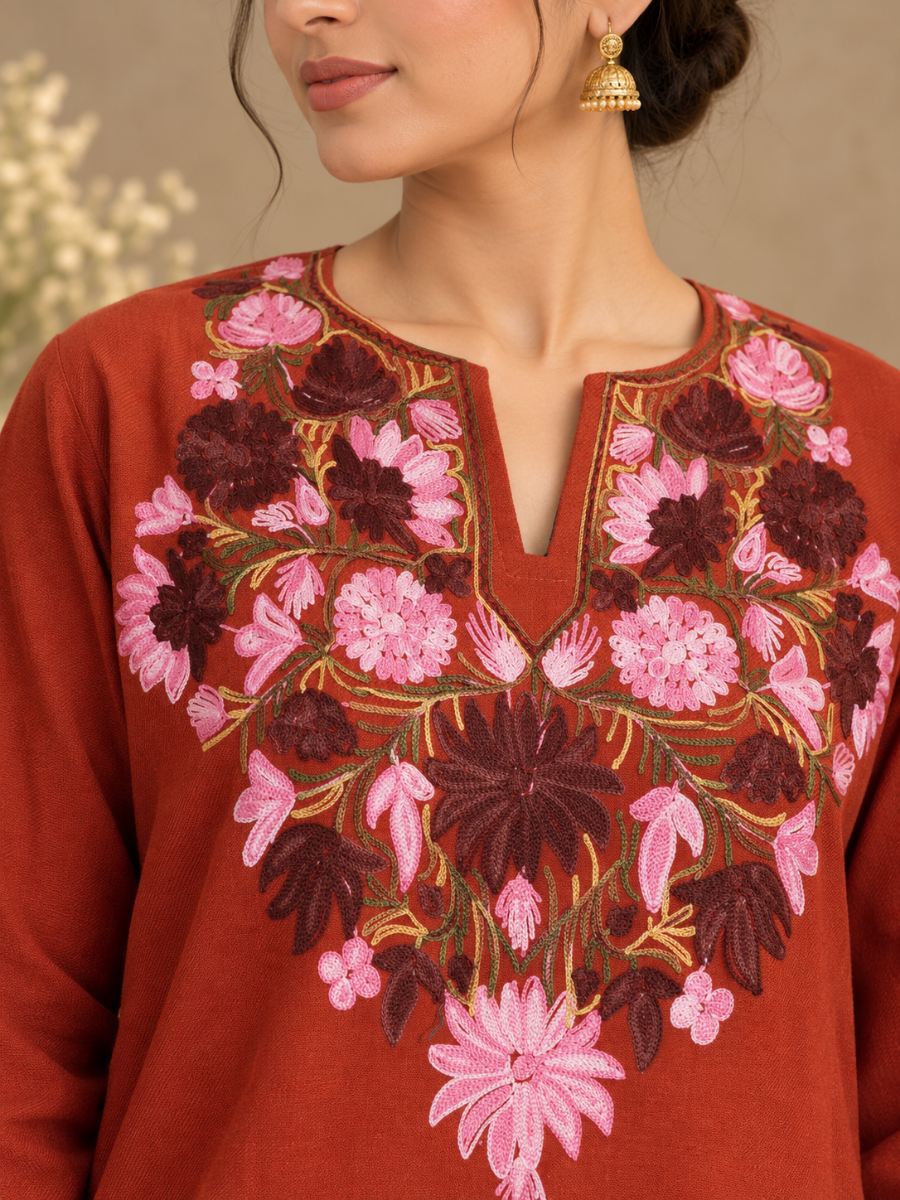 Brown Kashmiri Pheran with Floral Embroidery | Aari Embroidered Wool Phiran