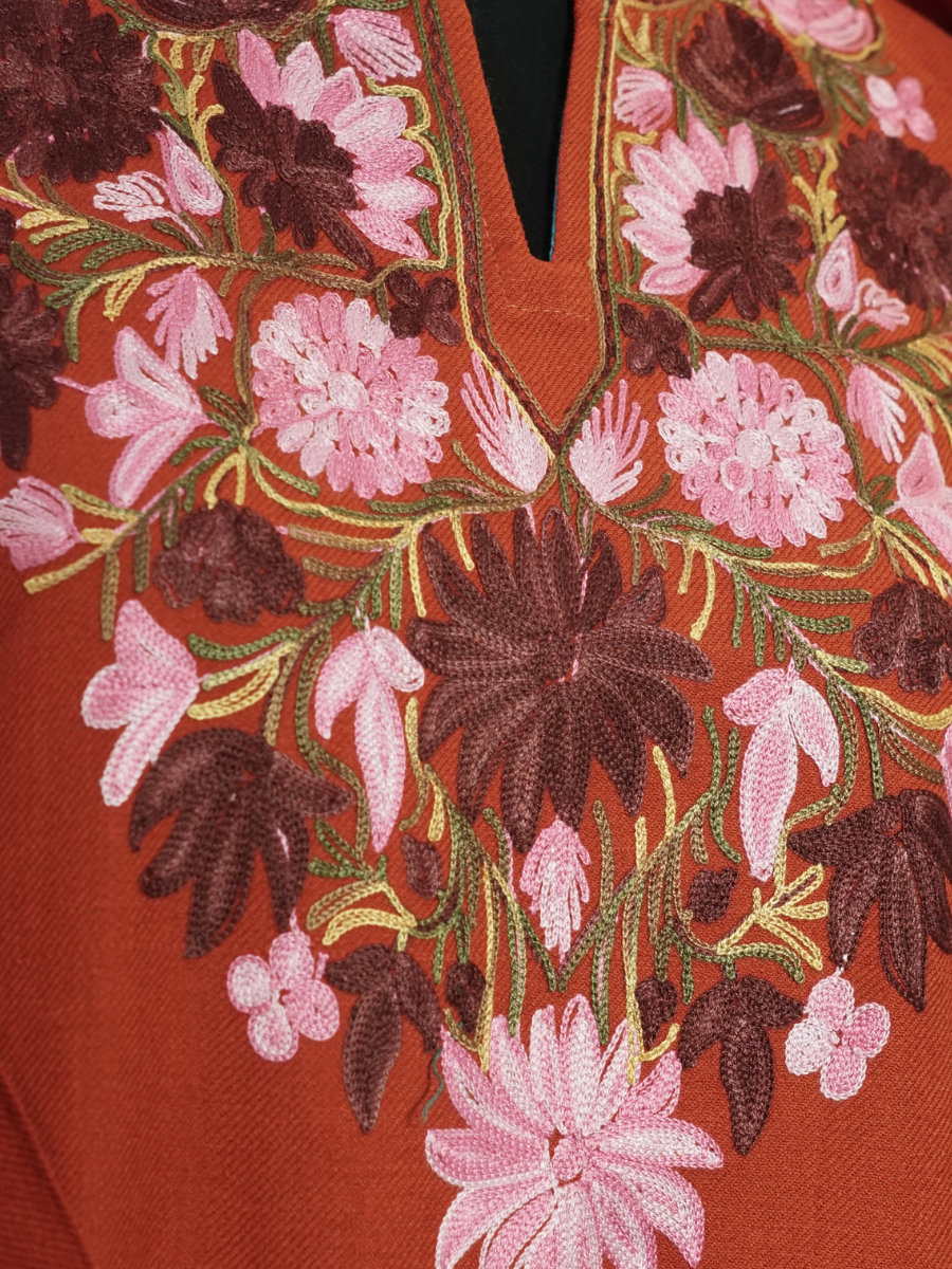 Brown Kashmiri Pheran with Floral Embroidery | Aari Embroidered Wool Phiran
