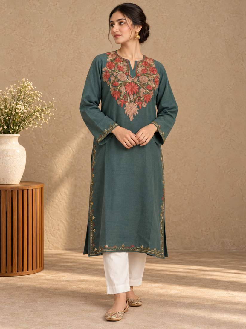 Grey Green Kashmiri Pheran with Rust Red Floral Embroidery – KAARKASH