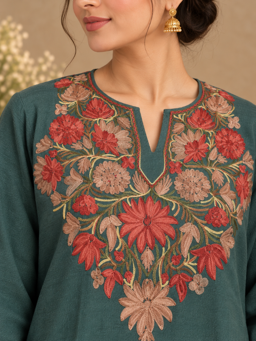 Grey Green Kashmiri Pheran with Rust Red Floral Embroidery – KAARKASH