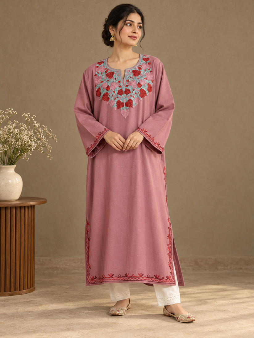 Rose Pink Kashmiri Pheran with Red & Grey Floral Embroidery – KAARKASH