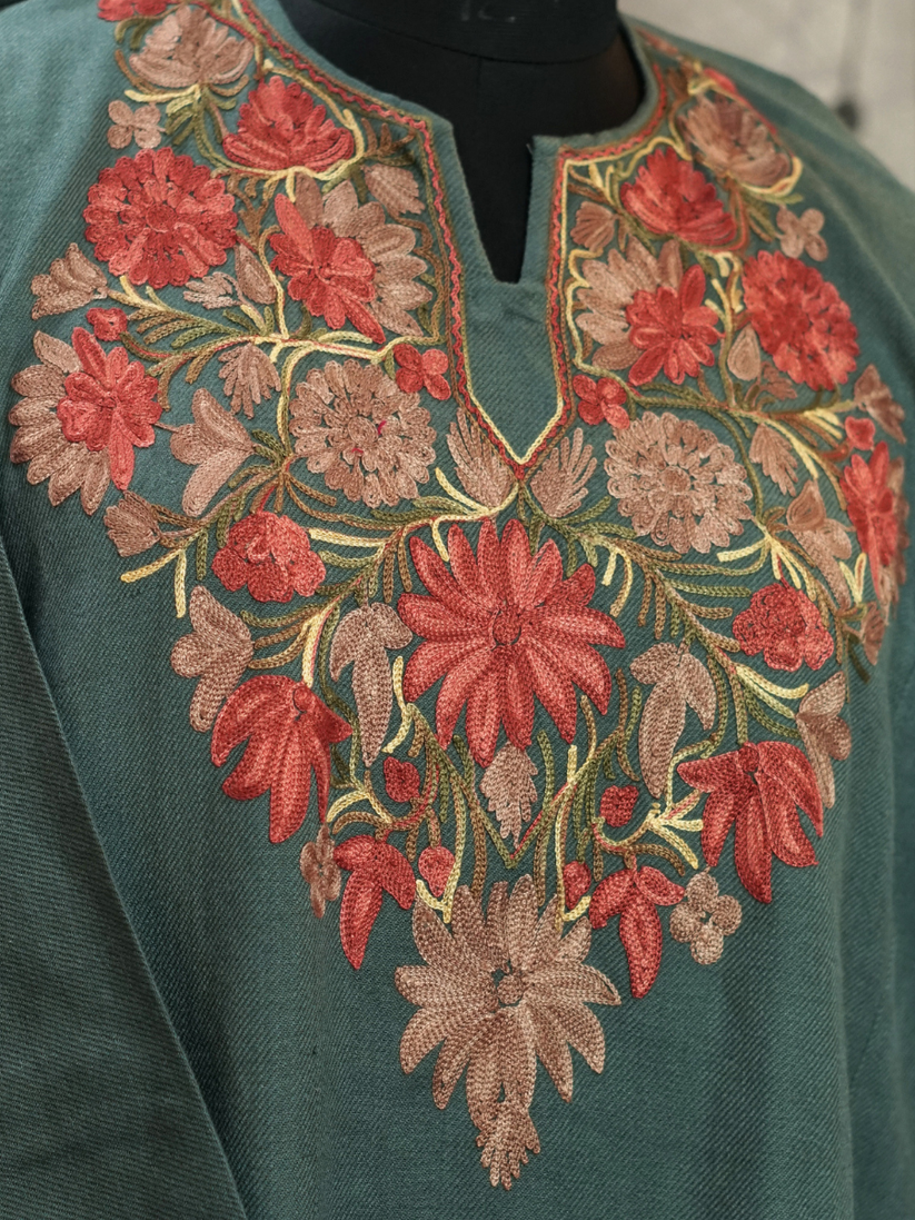 Grey Green Kashmiri Pheran with Rust Red Floral Embroidery – KAARKASH