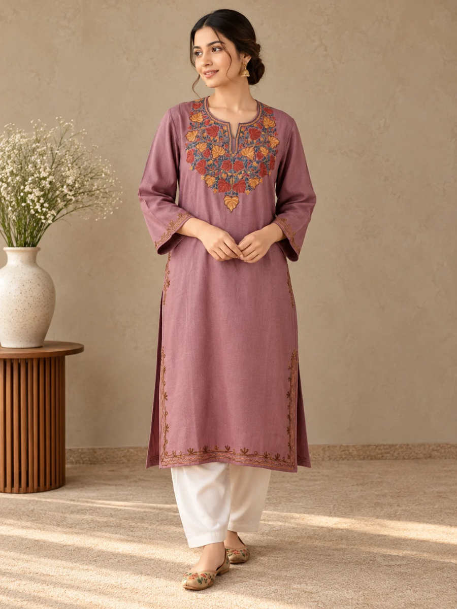 Rose Pink Kashmiri Pheran with Blue & Lilac Floral Embroidery | Aari Embroidered Wool Phiran