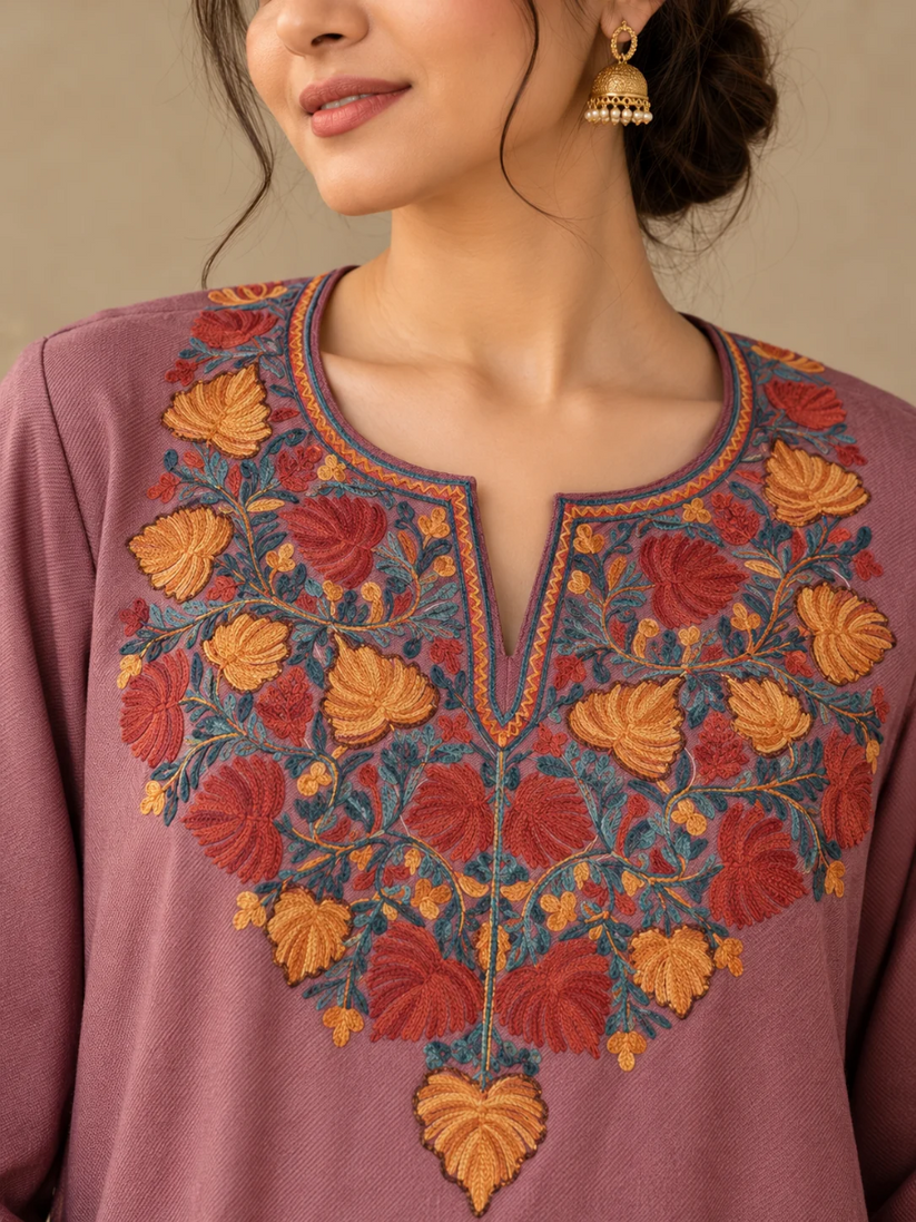 Rose Pink Kashmiri Pheran with Blue & Lilac Floral Embroidery | Aari Embroidered Wool Phiran