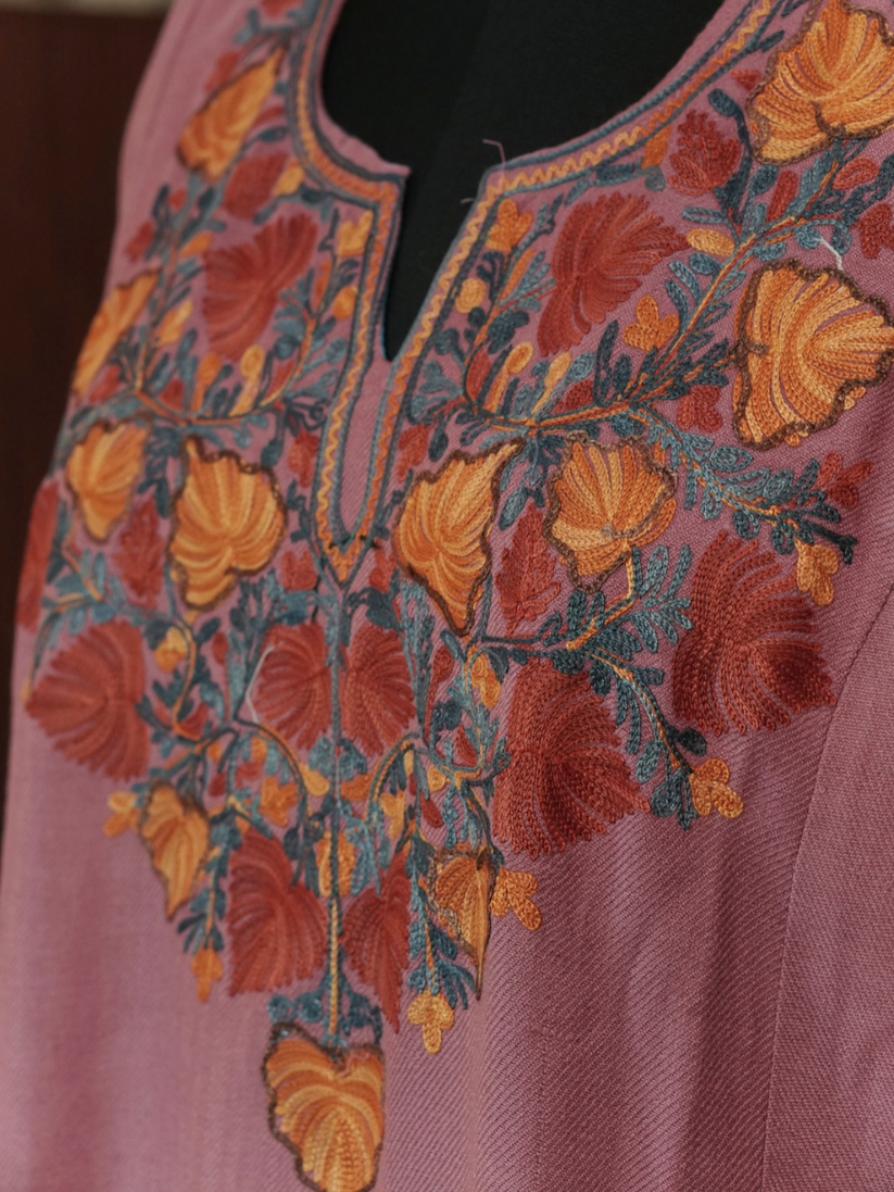 Rose Pink Kashmiri Pheran with Blue & Lilac Floral Embroidery | Aari Embroidered Wool Phiran