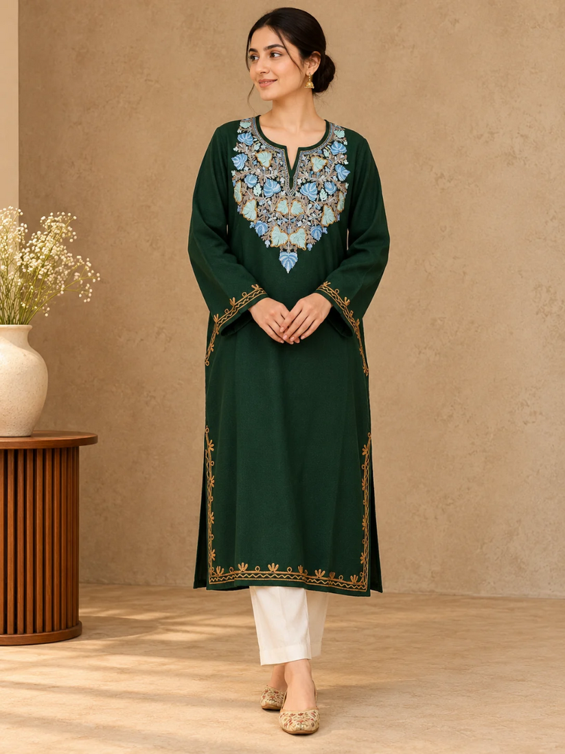 Bottle Green Kashmiri Pheran with Powder Blue & Pink Chinar Embroidery | Aari Embroidered Wool Phiran