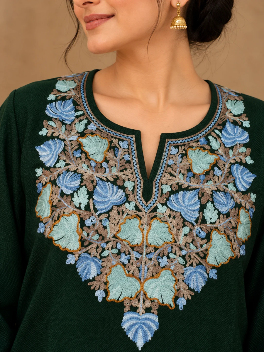 Bottle Green Kashmiri Pheran with Powder Blue & Pink Chinar Embroidery | Aari Embroidered Wool Phiran
