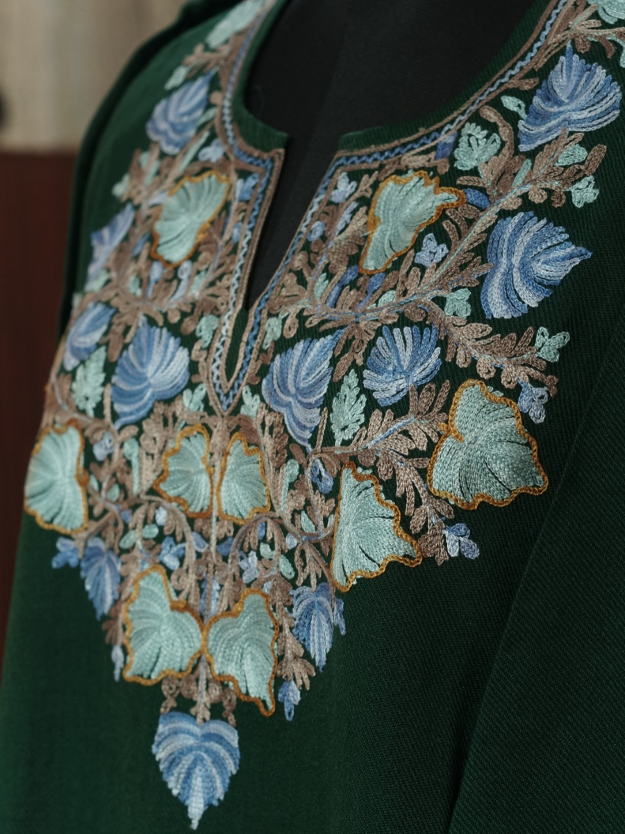 Bottle Green Kashmiri Pheran with Powder Blue & Pink Chinar Embroidery | Aari Embroidered Wool Phiran