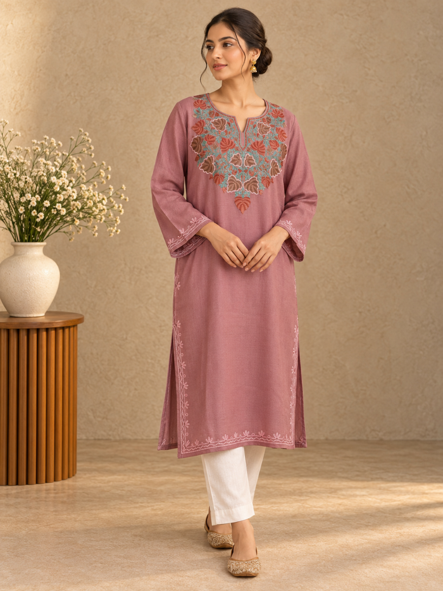 Rose Pink Kashmiri Pheran with Grey & Rust Floral Embroidery – KAARKASH