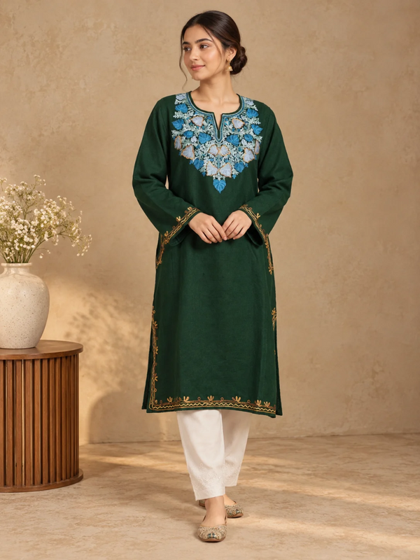 Bottle Green Kashmiri Pheran with Powder Blue & Pink Chinar Embroidery | Aari Embroidered Wool Phiran