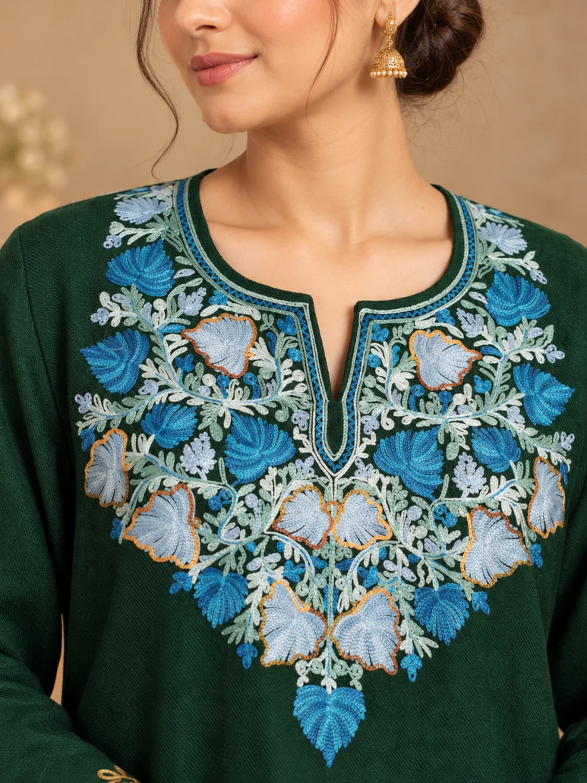 Bottle Green Kashmiri Pheran with Powder Blue & Pink Chinar Embroidery | Aari Embroidered Wool Phiran