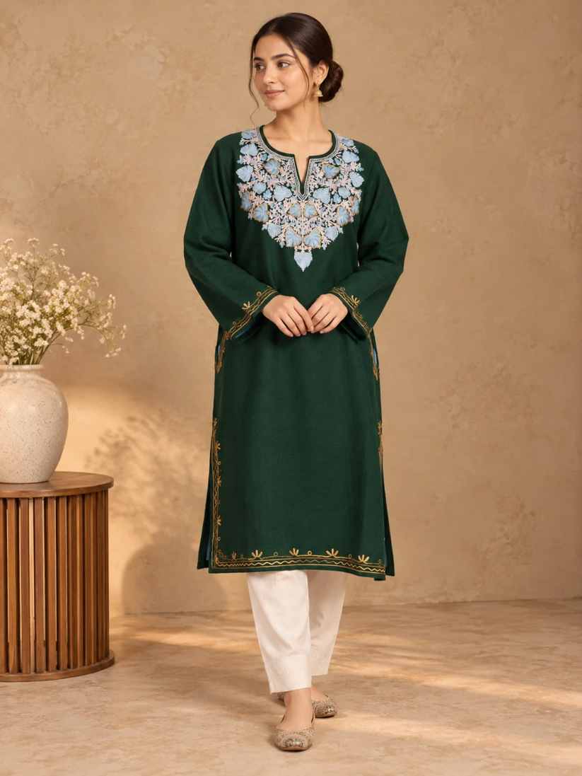 Bottle Green Kashmiri Pheran with Powder Blue & Pink Chinar Embroidery | Aari Embroidered Wool Phiran