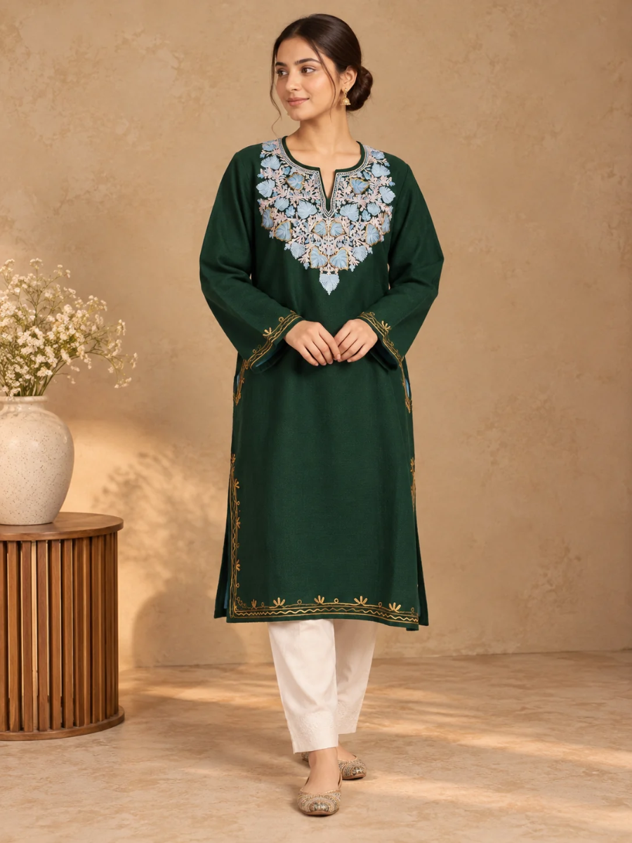 Bottle Green Kashmiri Pheran with Powder Blue & Pink Chinar Embroidery | Aari Embroidered Wool Phiran