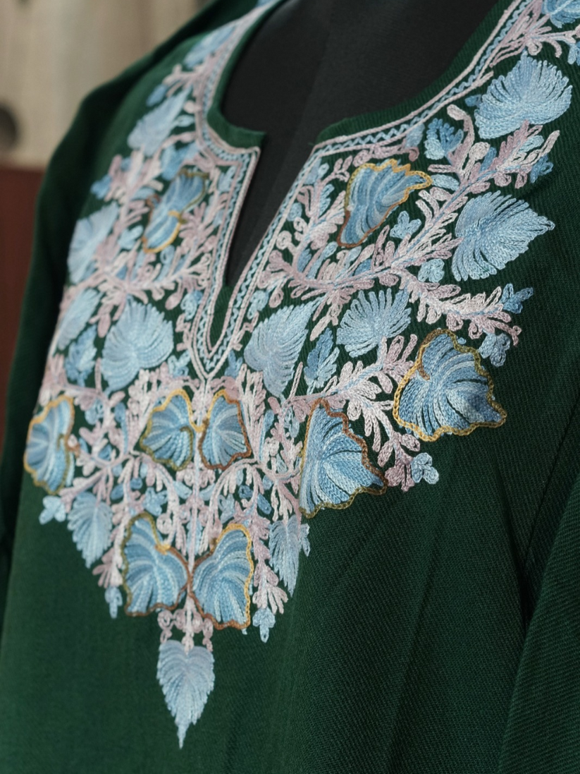 Bottle Green Kashmiri Pheran with Powder Blue & Pink Chinar Embroidery | Aari Embroidered Wool Phiran