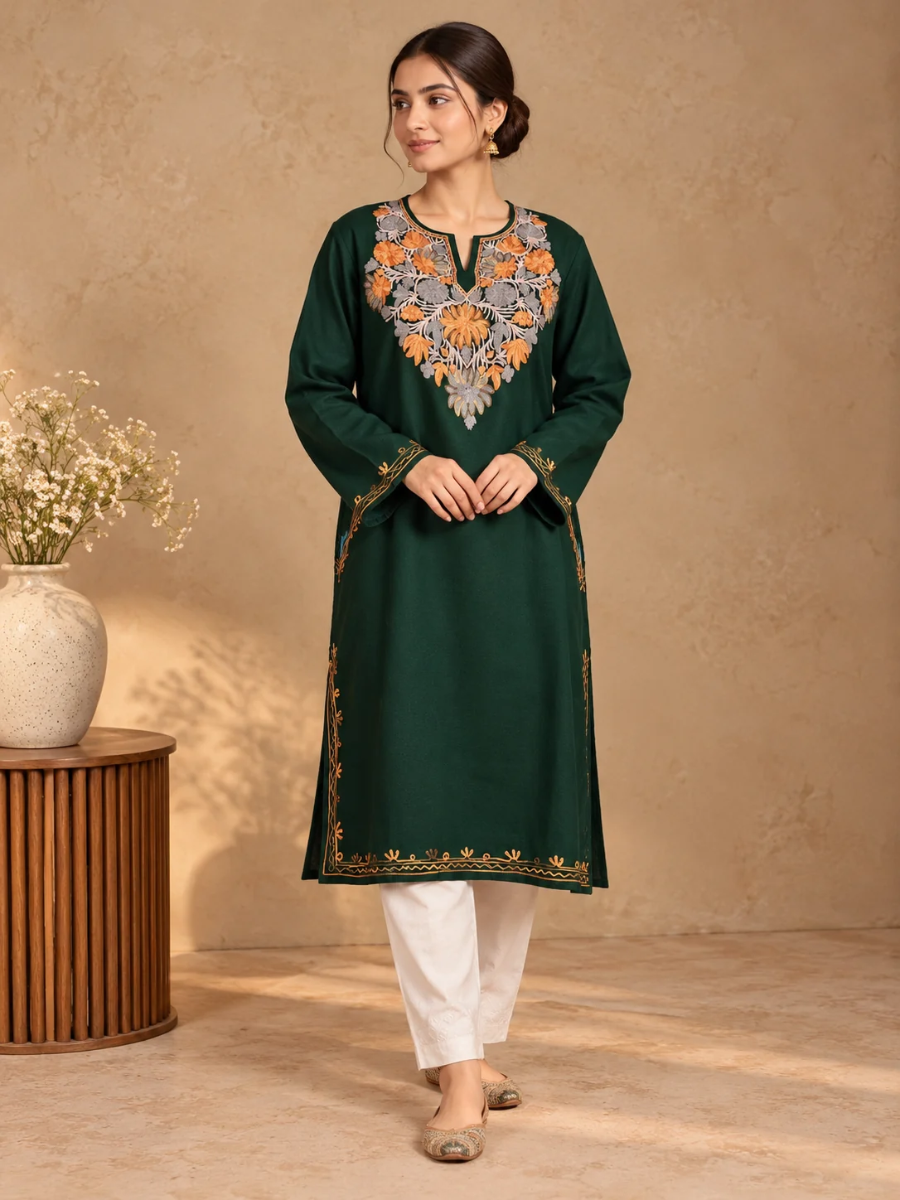 Bottle Green Kashmiri Pheran with Powder Blue & Pink Chinar Embroidery | Aari Embroidered Wool Phiran