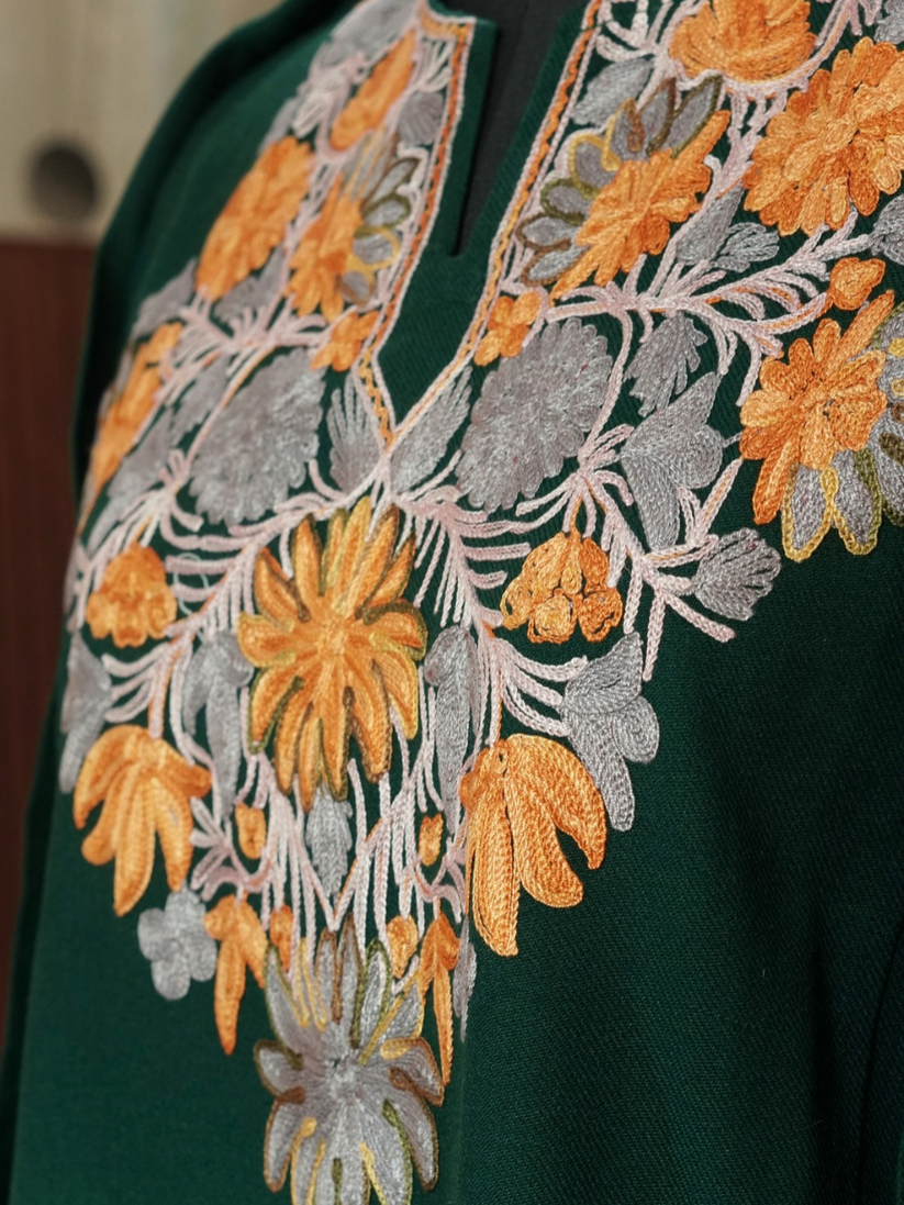Bottle Green Kashmiri Pheran with Powder Blue & Pink Chinar Embroidery | Aari Embroidered Wool Phiran