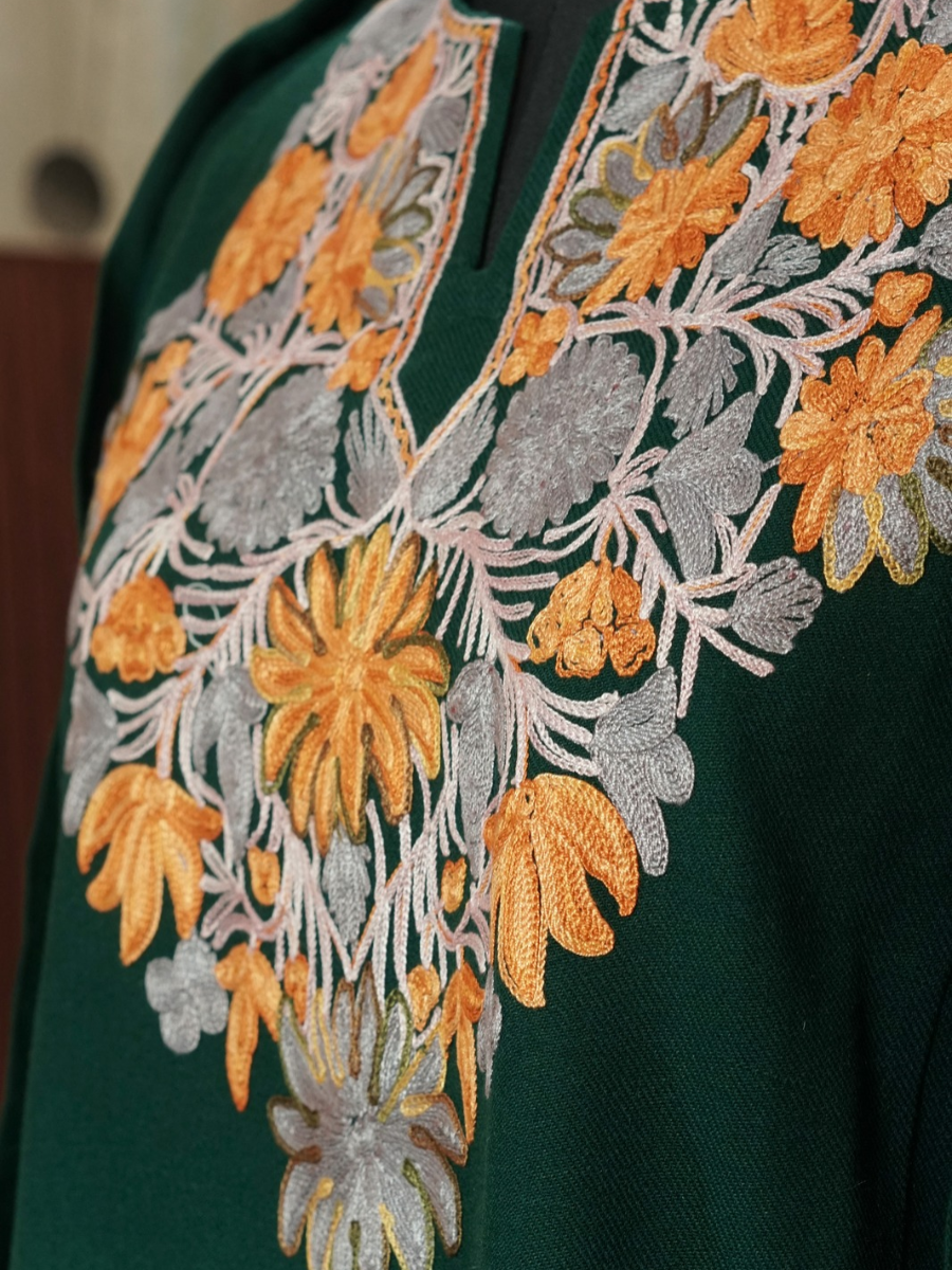 Bottle Green Kashmiri Pheran with Powder Blue & Pink Chinar Embroidery | Aari Embroidered Wool Phiran
