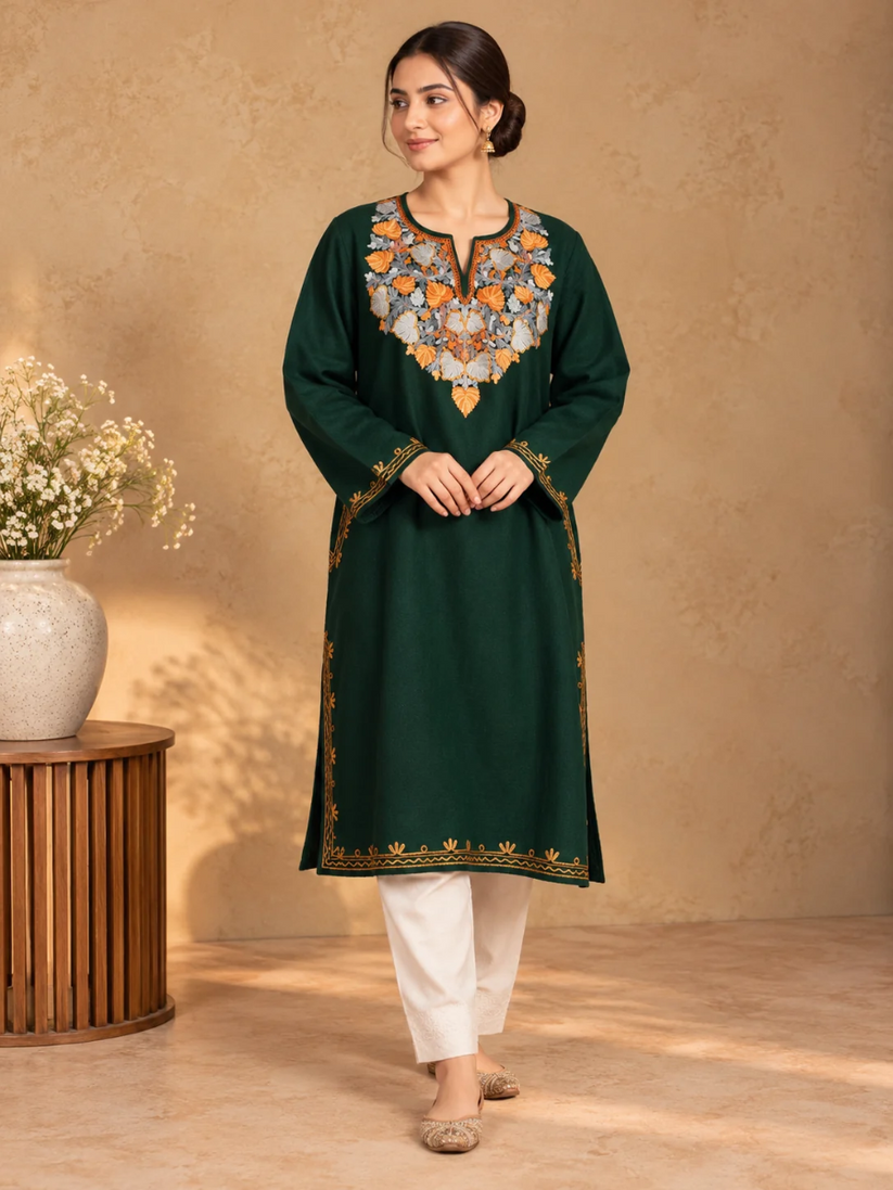 Bottle Green Kashmiri Pheran with Powder Blue & Pink Chinar Embroidery | Aari Embroidered Wool Phiran