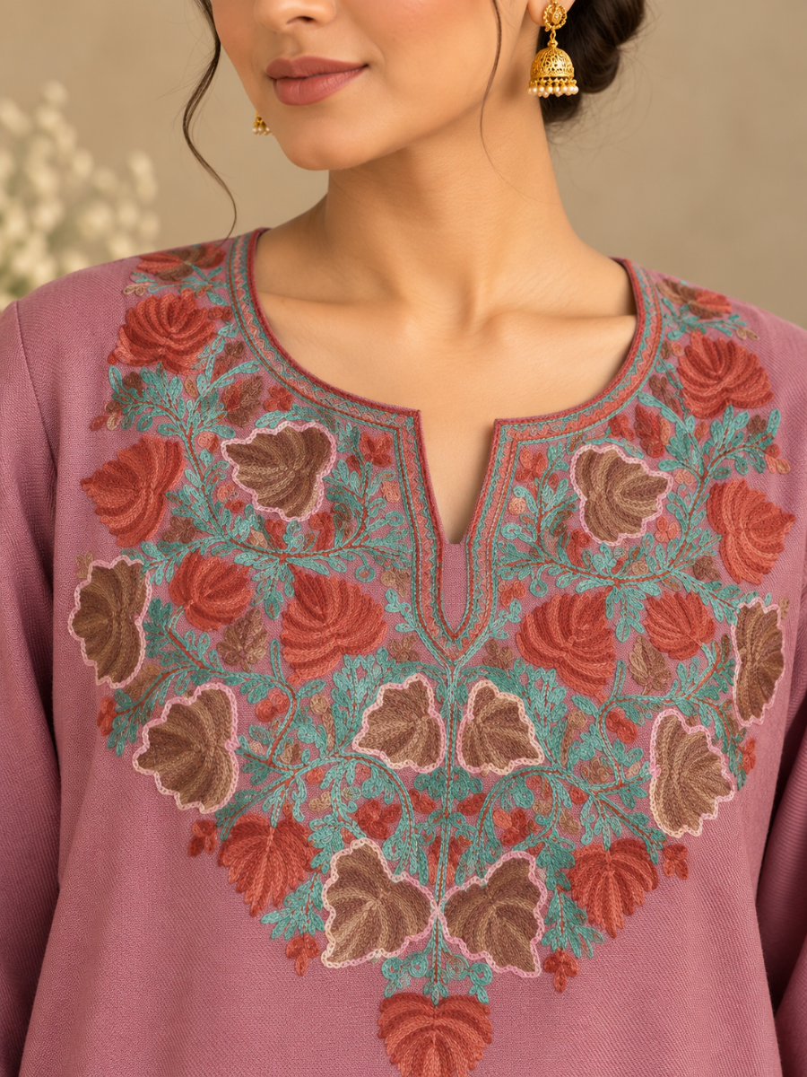 Rose Pink Kashmiri Pheran with Grey & Rust Floral Embroidery – KAARKASH
