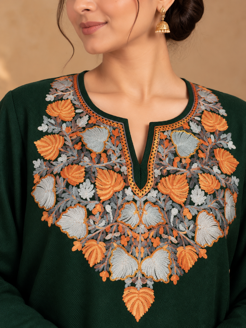 Bottle Green Kashmiri Pheran with Powder Blue & Pink Chinar Embroidery | Aari Embroidered Wool Phiran