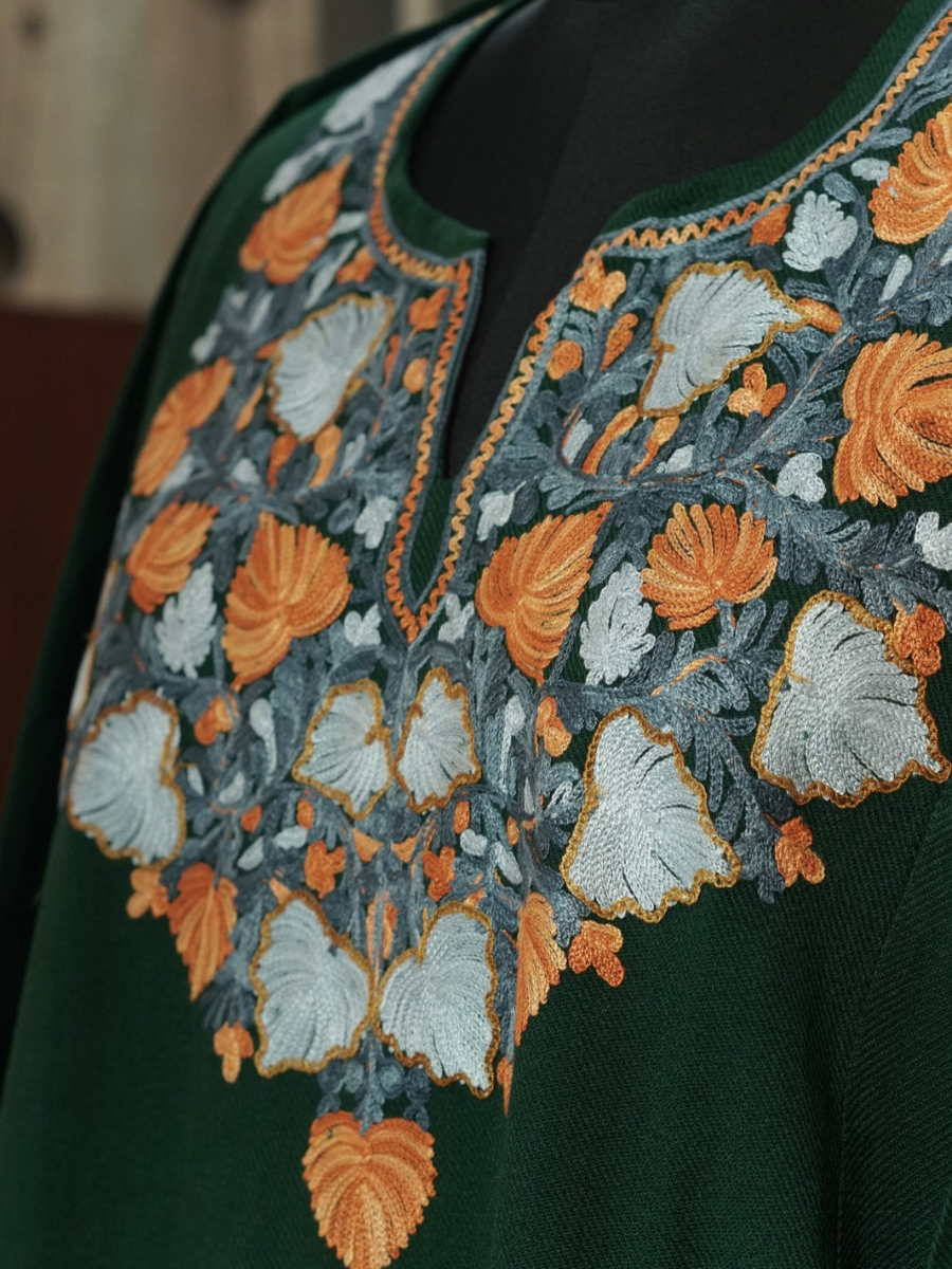 Bottle Green Kashmiri Pheran with Powder Blue & Pink Chinar Embroidery | Aari Embroidered Wool Phiran