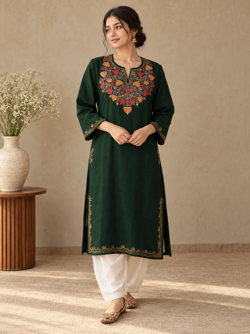 Bottle Green Kashmiri Pheran with Powder Blue & Pink Chinar Embroidery | Aari Embroidered Wool Phiran